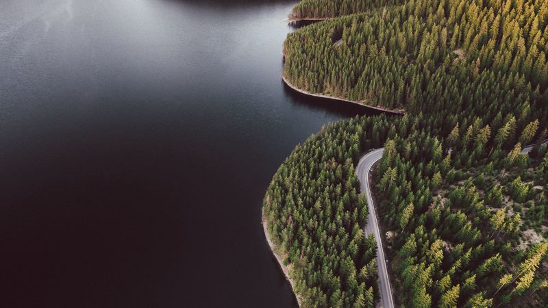 lake, shore, aerial view, forest, hills, road, 4k
