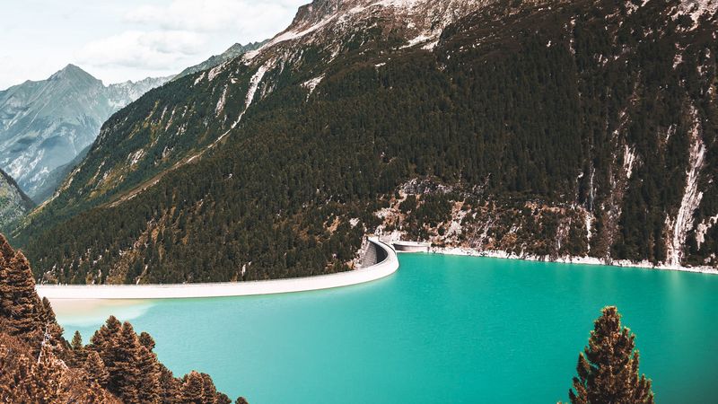 lake, mountains, slopes, trees, landscape, 4k