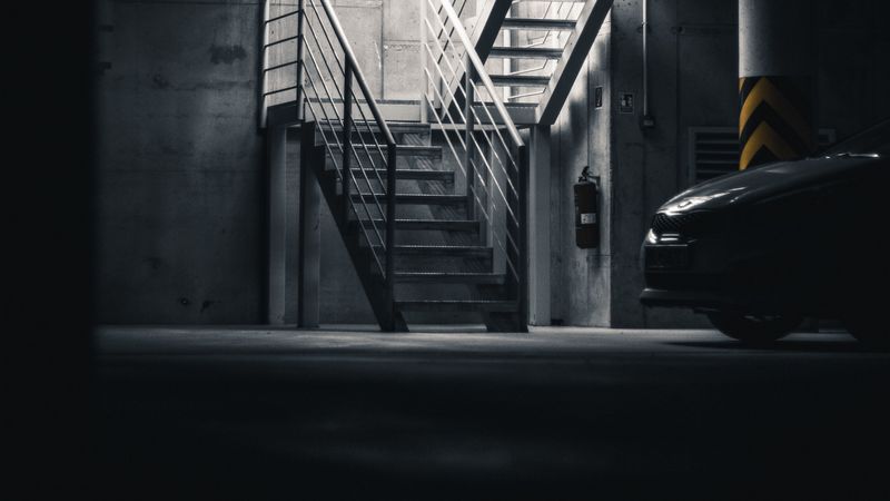 car, gray, dark, parking, stairs, 4k