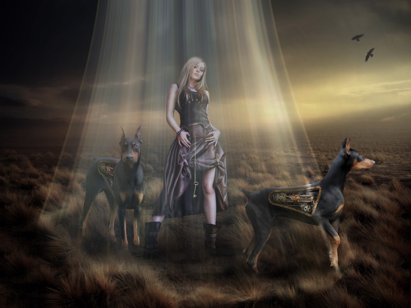 fantasy girls, doberman, dog, animals, artist, deviantart