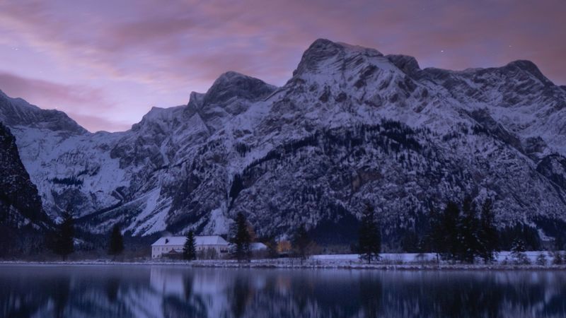 mountains, lake, dusk, reflection, landscape, 4k