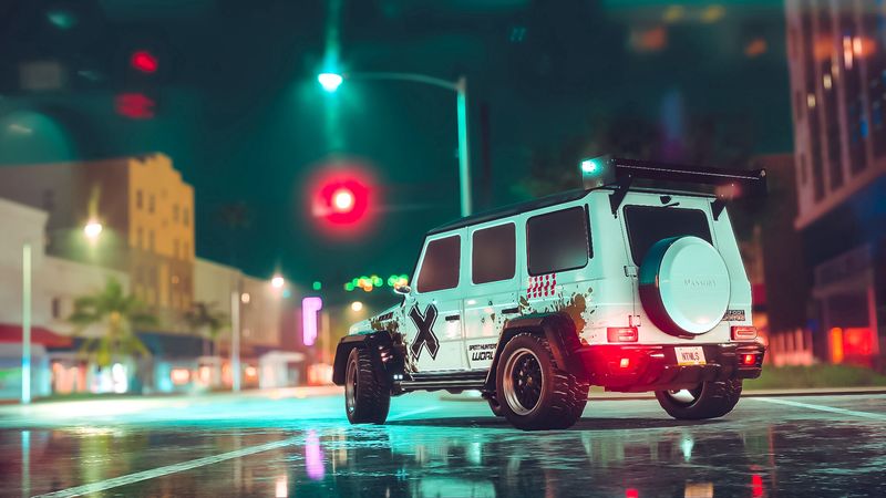 car, suv, white, road, asphalt, neon, 4k