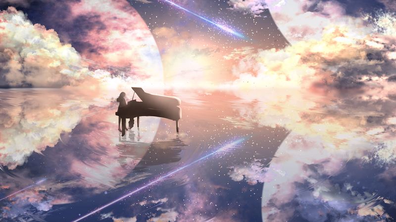piano, silhouette, space, illusion, anime, 4k