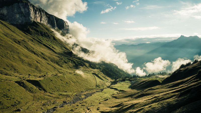 mountains, valley, clouds, fog, landscape, 4k