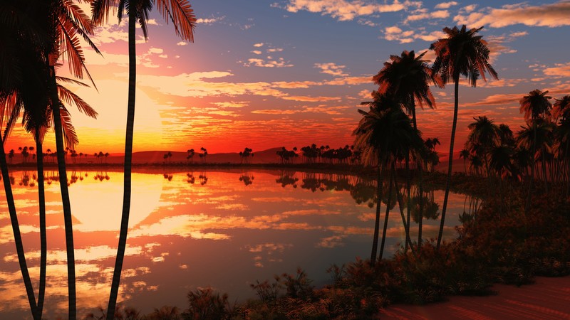lake, sunset, 4k, nature, trees