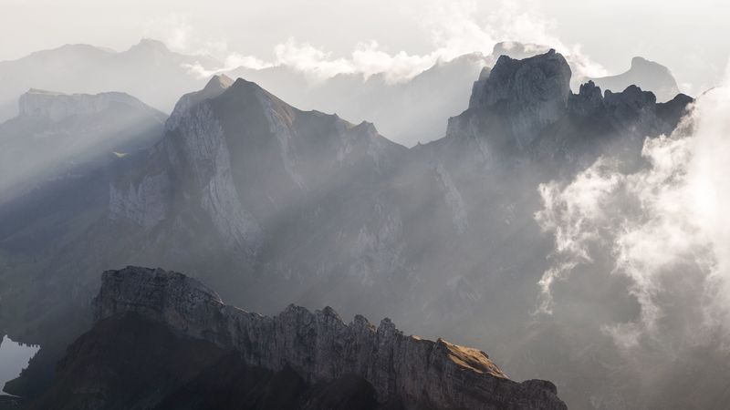 mountains, peaks, fog, clouds, mountain range, 4k