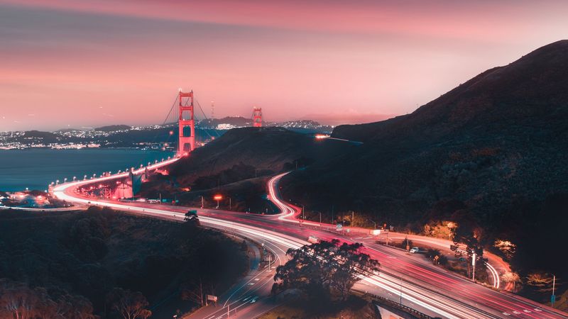 bridge, road, winding, evening, glow, 4k