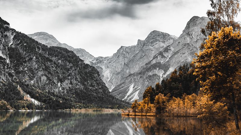 горы, озеро, берег, деревья, природа, 4k