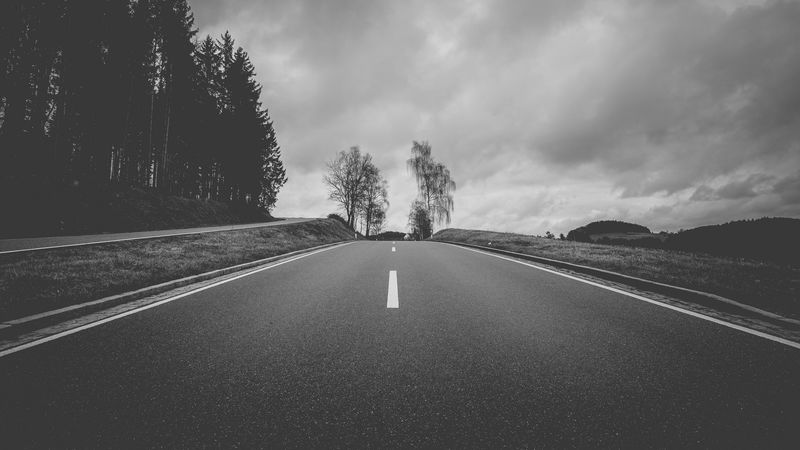 road, asphalt, bw, hill, trees, 4k