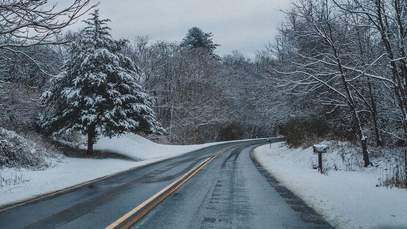 road, turn, asphalt, snow, winter, 4k
