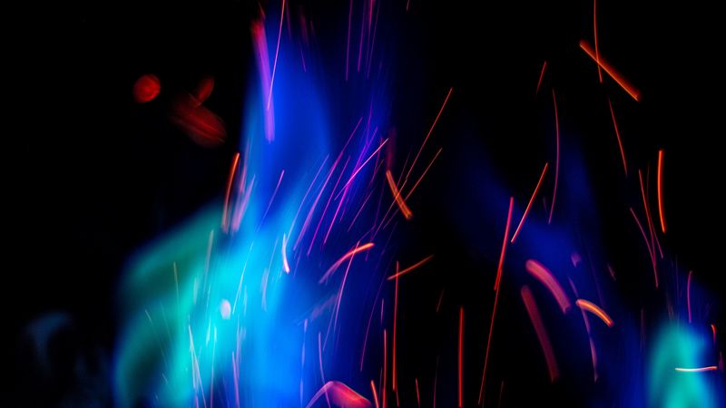 fire, sparks, flame, blue, abstraction, 4k