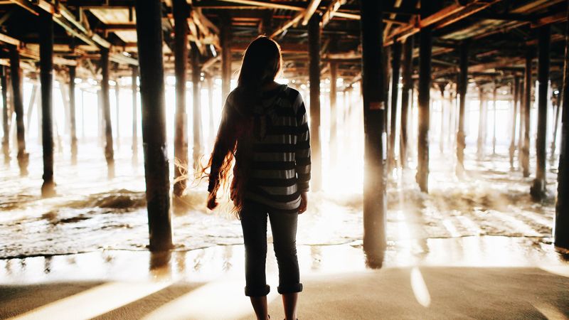 girl, silhouette, pier, water, sand, 4k
