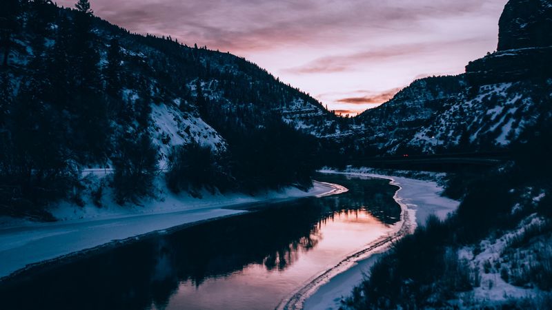 river, mountains, snow, dusk, landscape, 4k