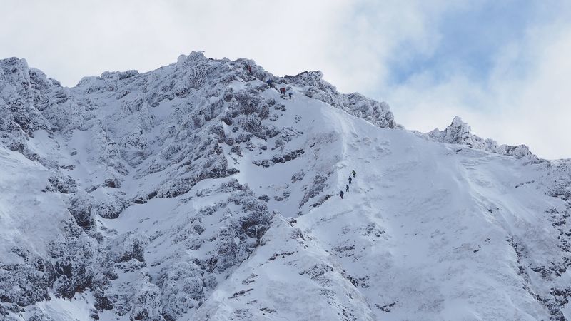 mountain, slope, snow, people, 4k