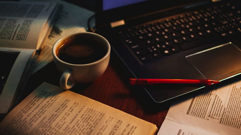 cup, coffee, books, pen, laptop, 4k