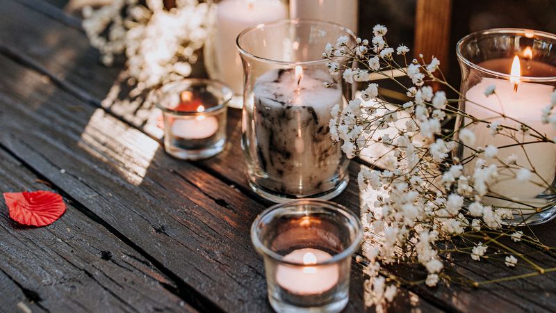 glasses, candles, flowers, table, 4k