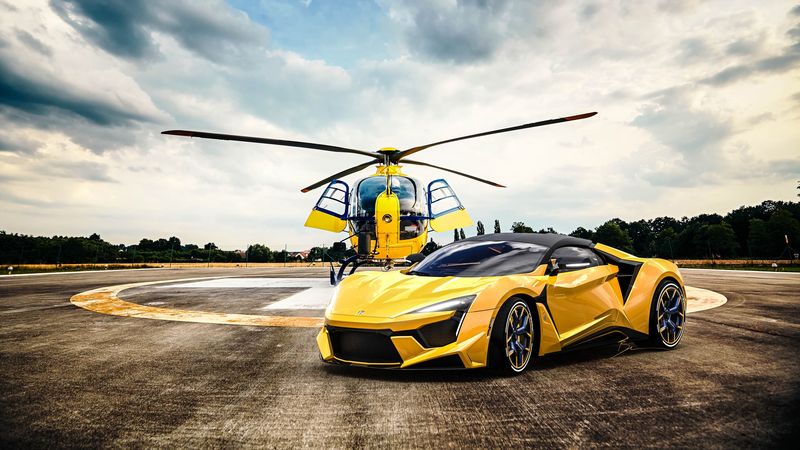 car, helicopter, yellow, sportscar, 4k