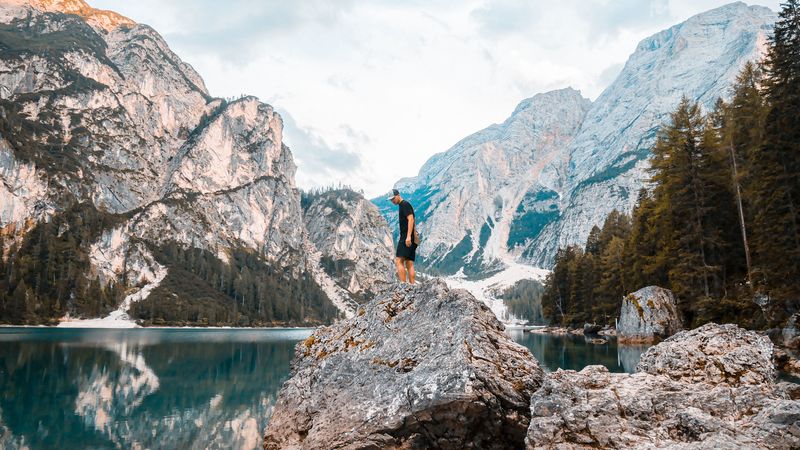 man, rock, mountains, lake, nature, 4k