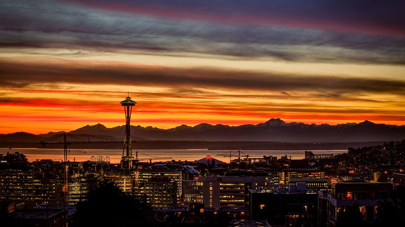 night city, buildings, tower, sunset, mountains, 4k