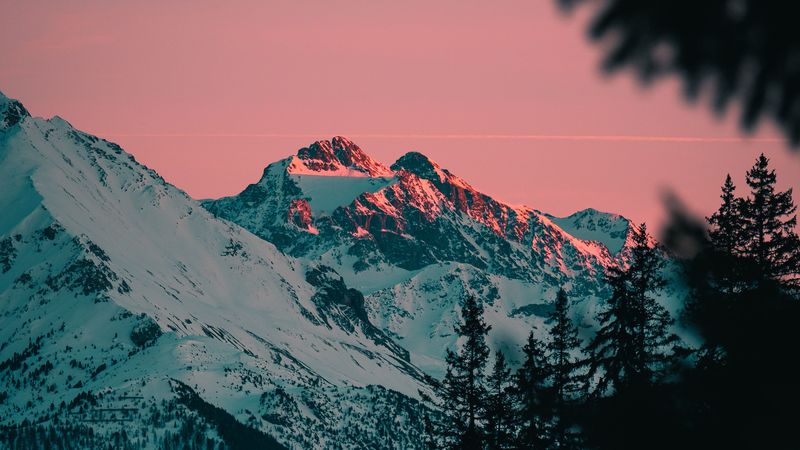 mountains, snowy, dusk, landscape, evening, 4k