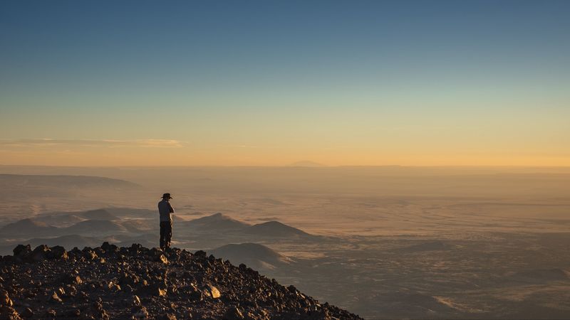 man, hill, stones, horizon, overview, 4k