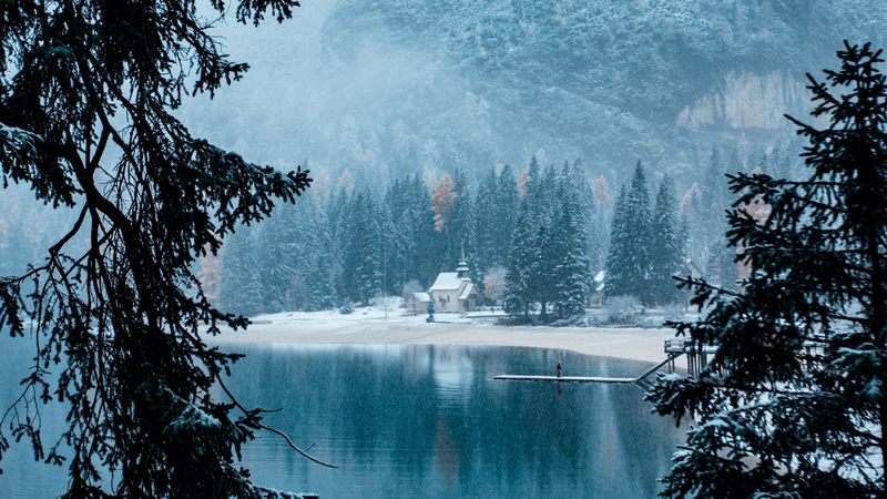 lake, shore, winter, blizzard, landscape, 4k