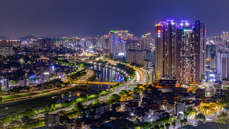 night city, buildings, bridge, river, lights, 4k