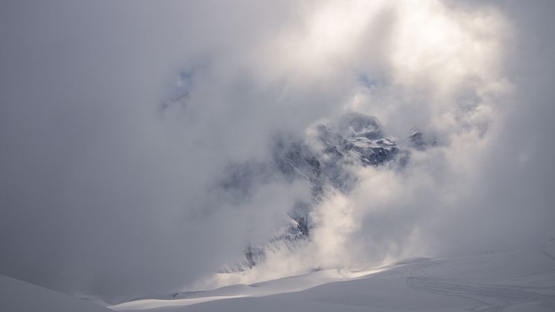 mountains, snow, clouds, landscape, white, 4k