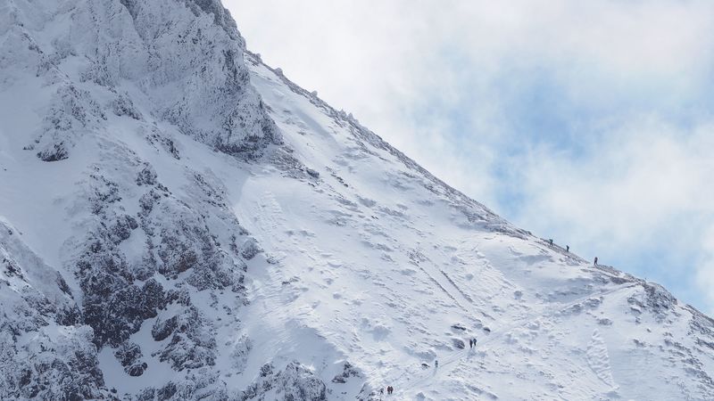 mountain, slope, snow, people, aerial view, 4k