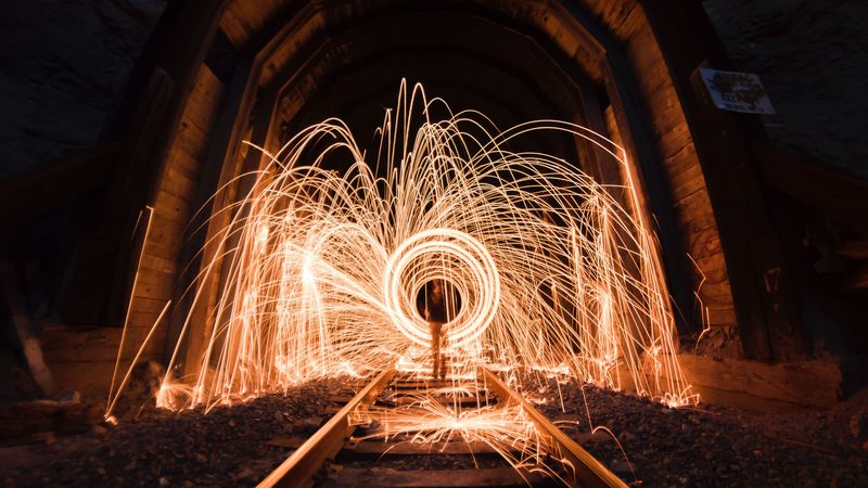 light, sparks, long exposure, rails, tunnel, 4k