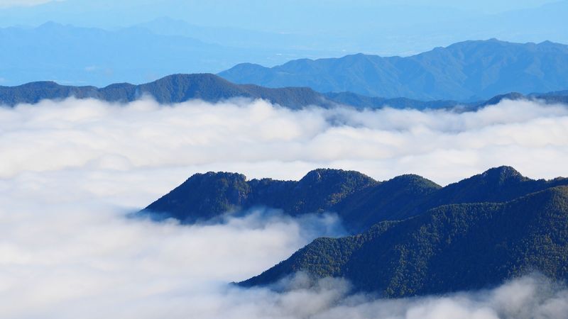 mountains, clouds, aerial view, mountain range, peaks, 4k