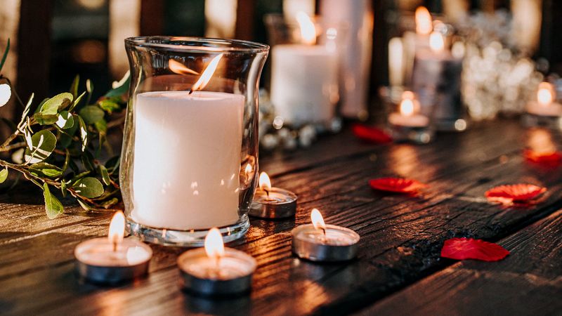 candles, glass, petals, table, 4k