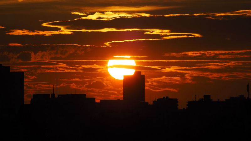 sunset, city, dark, buildings, silhouettes, 4k