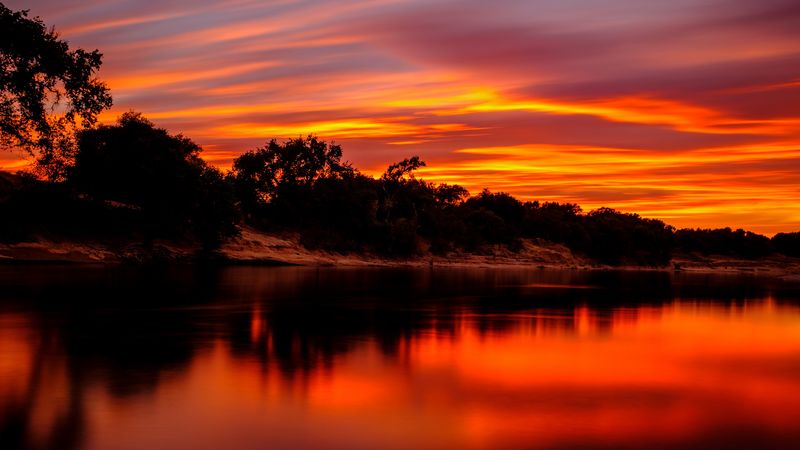 river, coast, dusk, sunset, dark, 4k