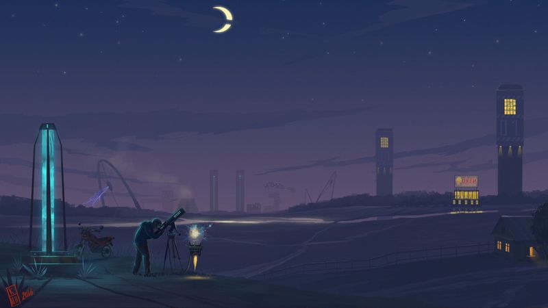 man, telescope, night, art, 4k