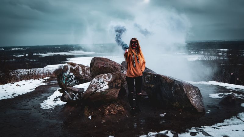 girl, mask, smoke, smoke bomb, stones, 4k