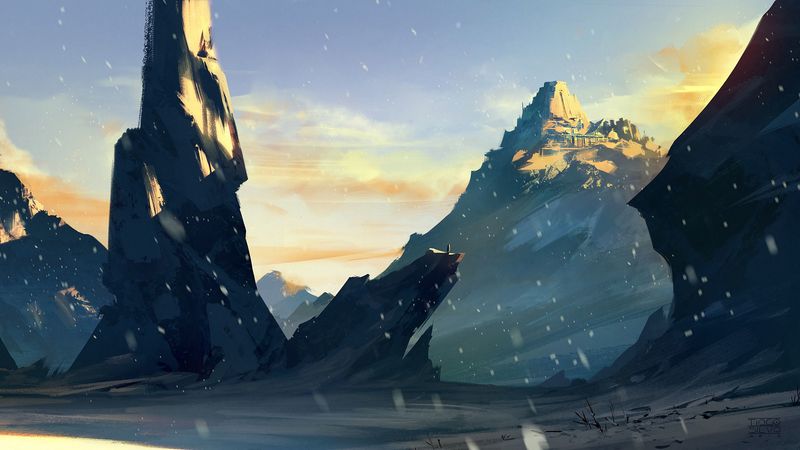 silhouette, wanderer, rock, fantasy, art, 4k