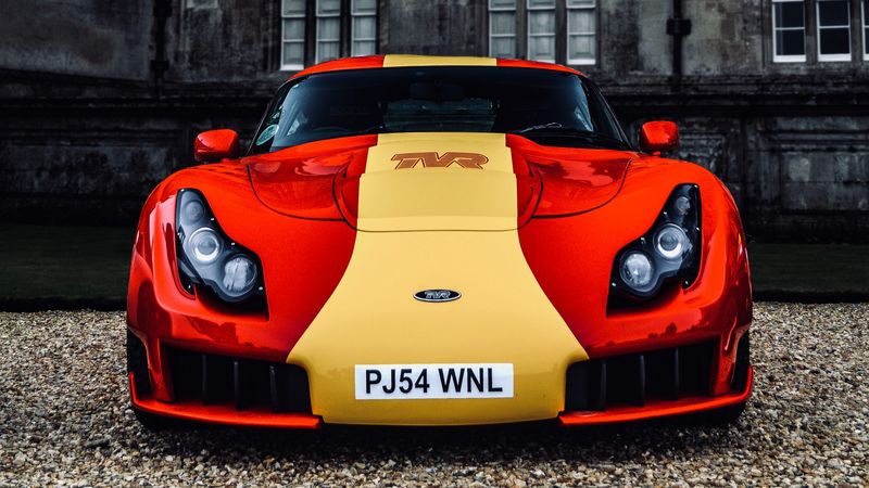 tvr sagaris, car, sportscar, red, yellow, front view, 4k
