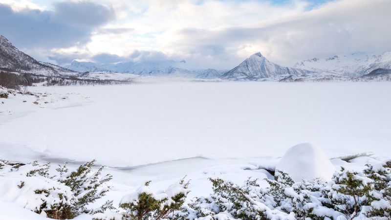 mountains, snow, winter, landscape, norway, 4k