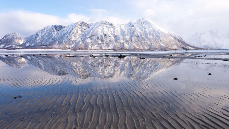 mountains, snow, ice, water, landscape, 4k