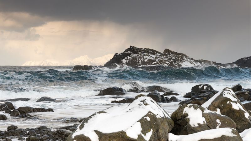 sea, waves, rocks, stones, snow, 4k
