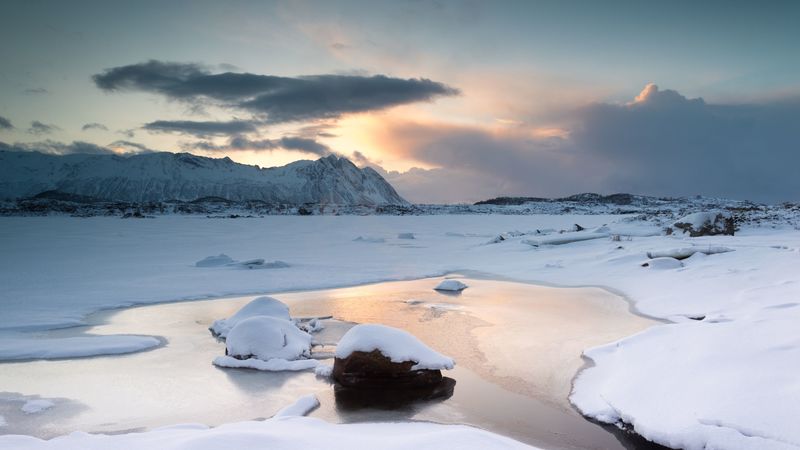 lake, mountains, snow, ice, winter, 4k