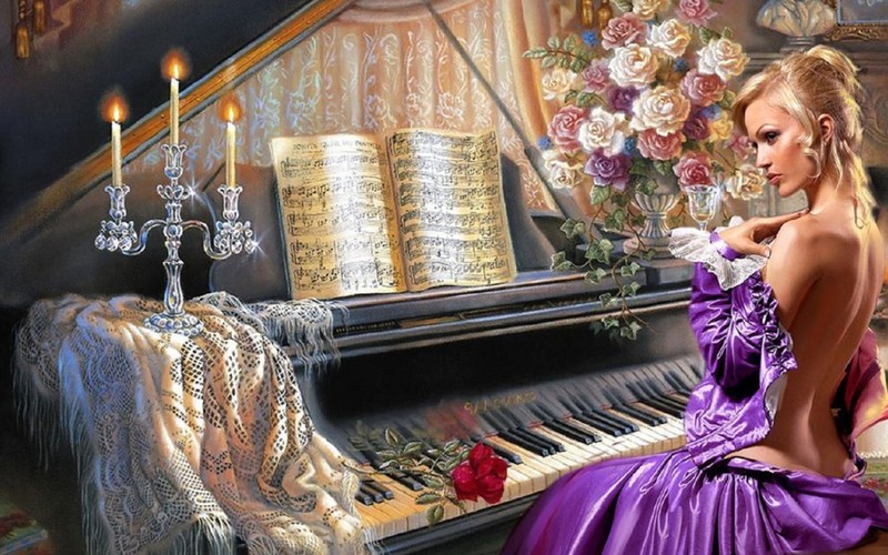 fantasy girls, music, piano, backless, candle