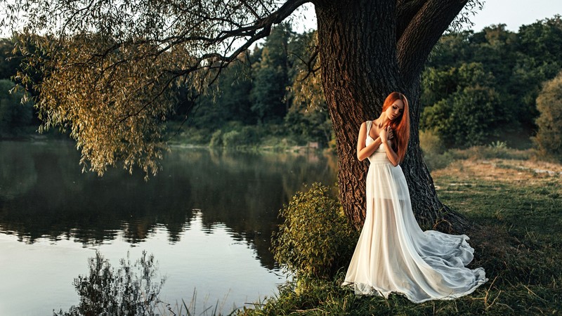 girls, tree, alone, white, model, dress
