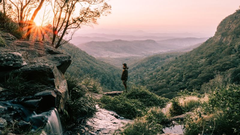 person, mountains, fog, nature, landscape, 4k