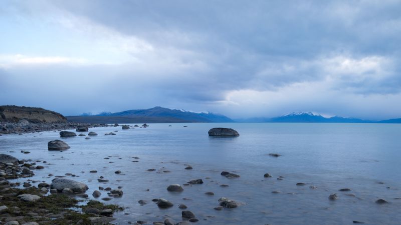 lake, stones, mountains, horizon, clouds, 4k