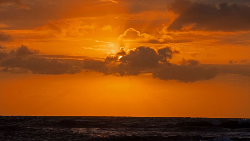 sky, sunset, clouds, sea, horizon, 4k