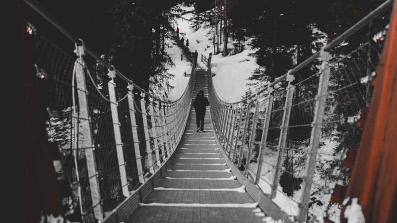 bridge, silhouette, snow, trees, winter, 4k
