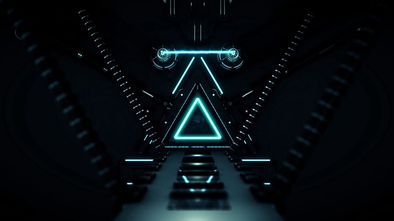 triangle, glow, neon, dark, corridor, 4k