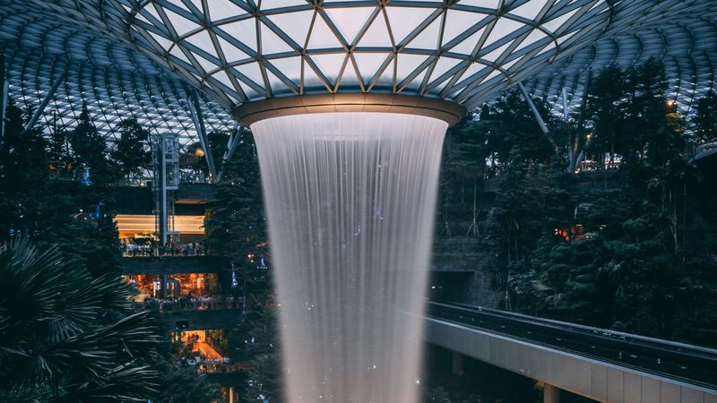 fountain, building, trees, architecture, interior, 4k